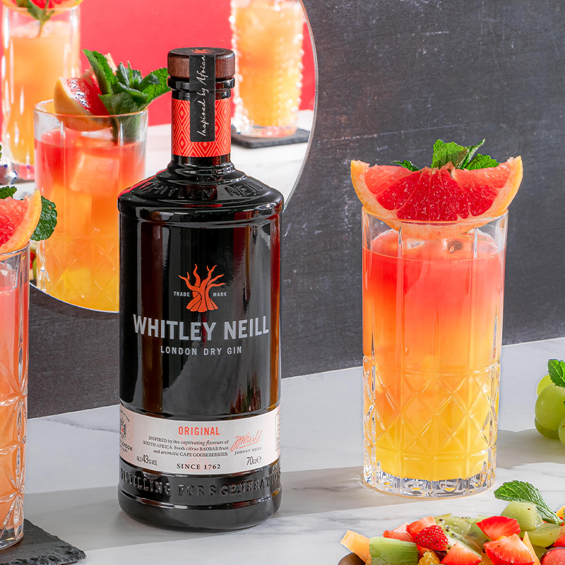Impressive twist on a sunrise cocktail, with fresh fruit juice and Whitley Neill London Dry Gin. Served in tall chilled glasses. 