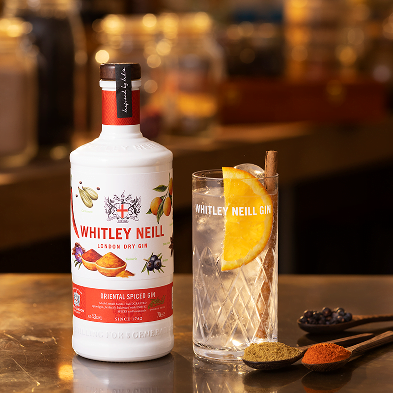 Simply mix the rich and fragrant Whitley Neill Oriental Spiced Gin with tonic water and garnish with an orange slice and a cinnamon stick.