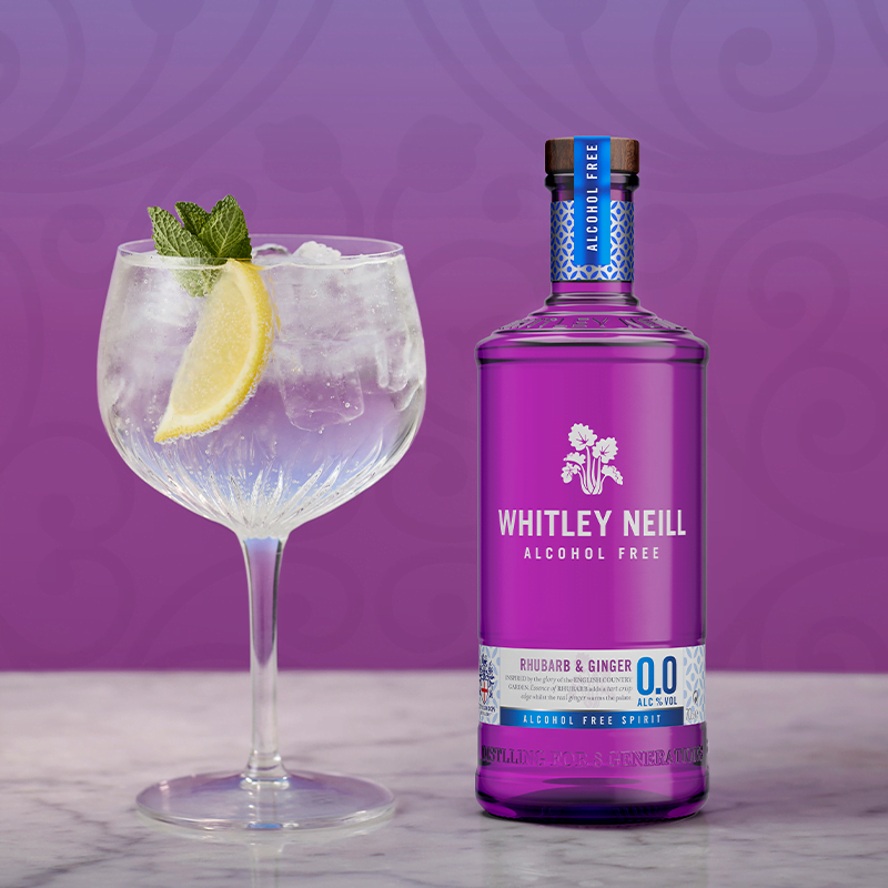 A fruity, summery spritz serve made with Whitley Neill Rhubarb & Ginger 0.0