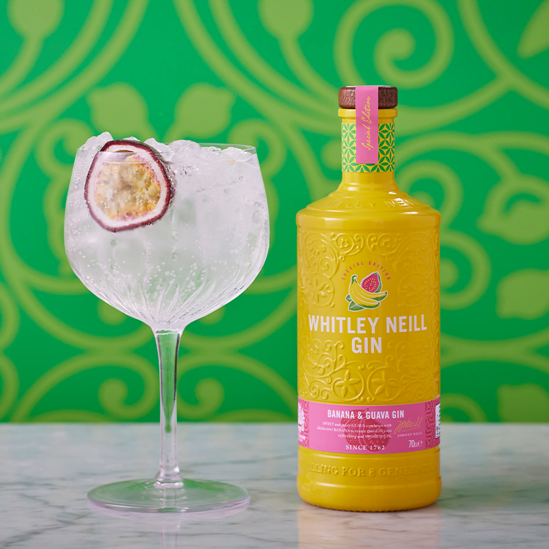 A fruity, summery spritz serve made with Whitley Neill Banana & Guava Gin