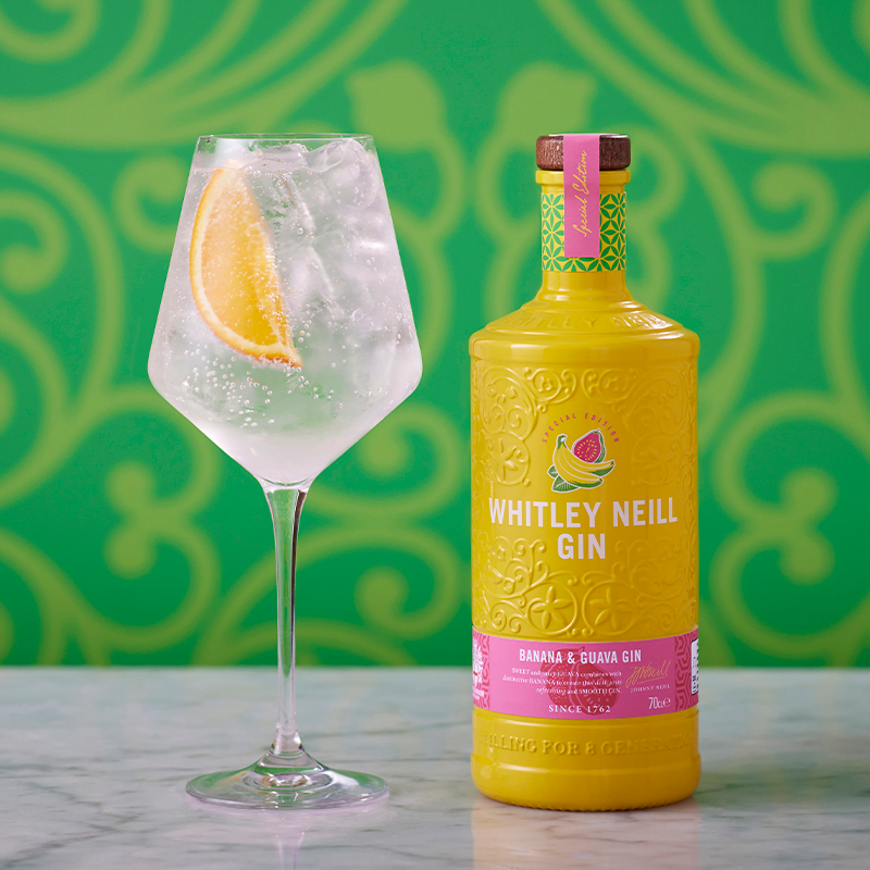 A fruity, summery spritz serve made with Whitley Neill Banana & Guava Gin